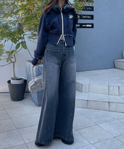 【CIAN DENIM/藍色牛仔布】分裂式前開衩寬鬆牛仔褲#002