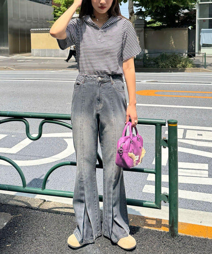 【CIAN DENIM/藍色牛仔布】褶皺喇叭牛仔褲#101