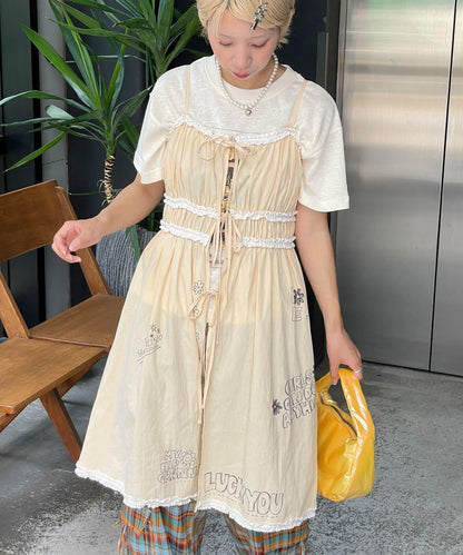 【HELLO.SANFRANCISCO/你好，舊金山】塗鴉風印花蕾絲背心連衣裙