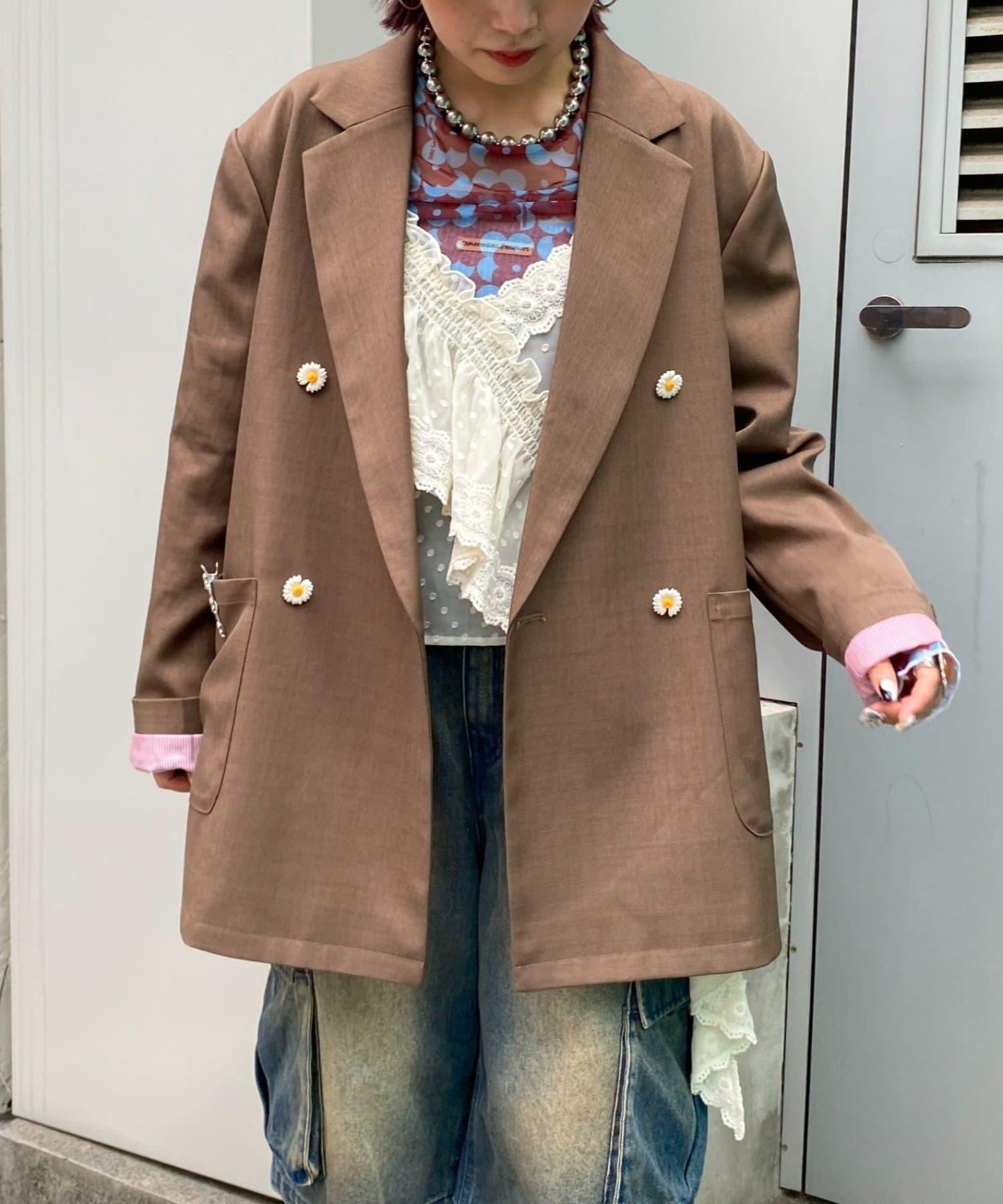 H.S名稱刺繡雛菊紐扣寬鬆夾克