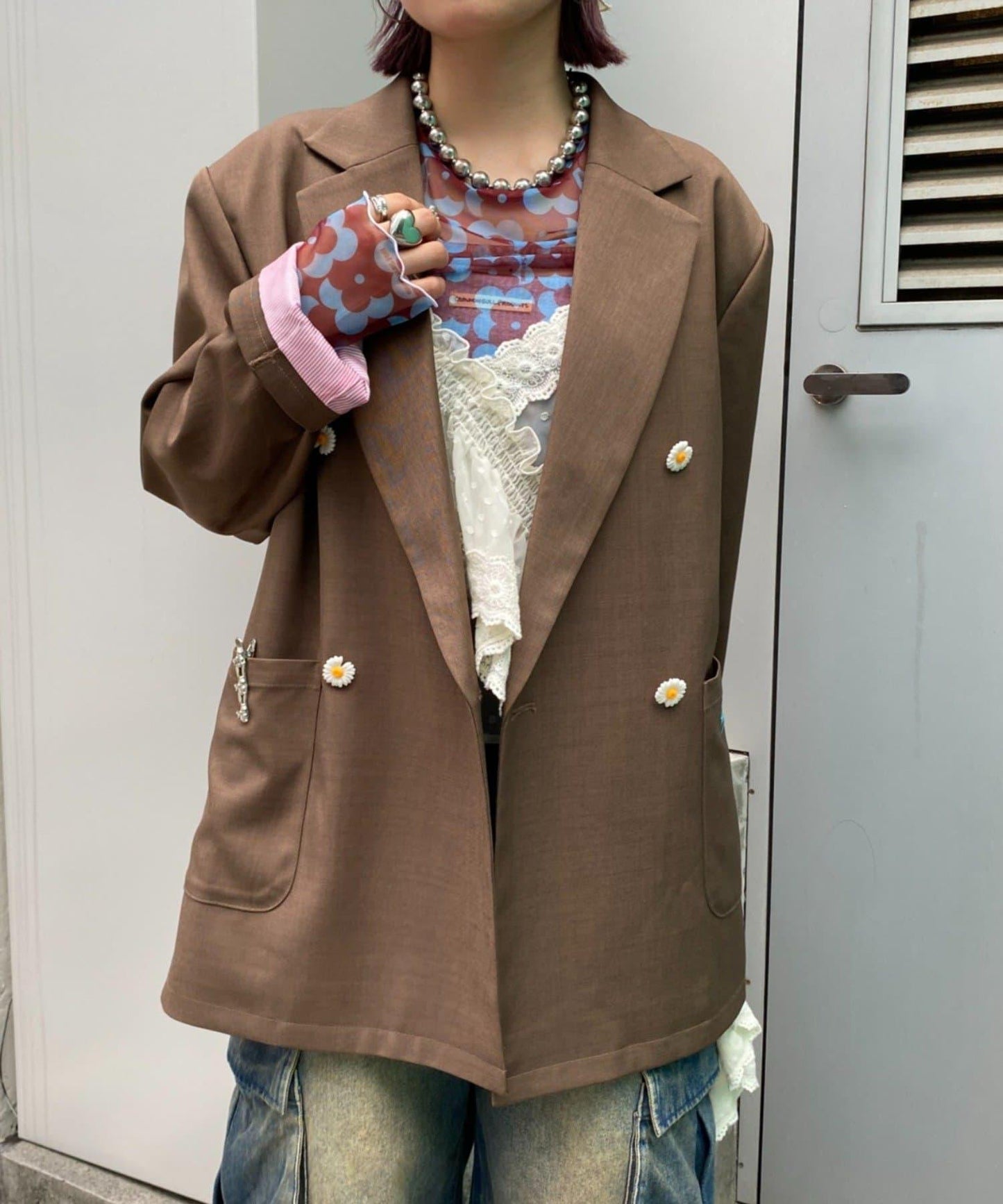 H.S名稱刺繡雛菊紐扣寬鬆夾克