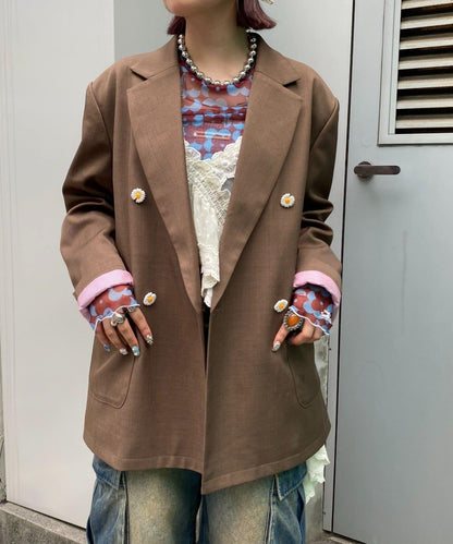 H.S名稱刺繡雛菊紐扣寬鬆夾克