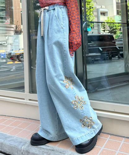 H.S蕾絲花邊寬鬆牛仔褲