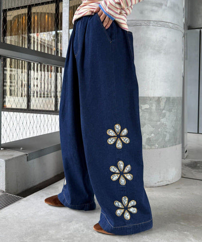 H.S蕾絲花邊寬鬆牛仔褲