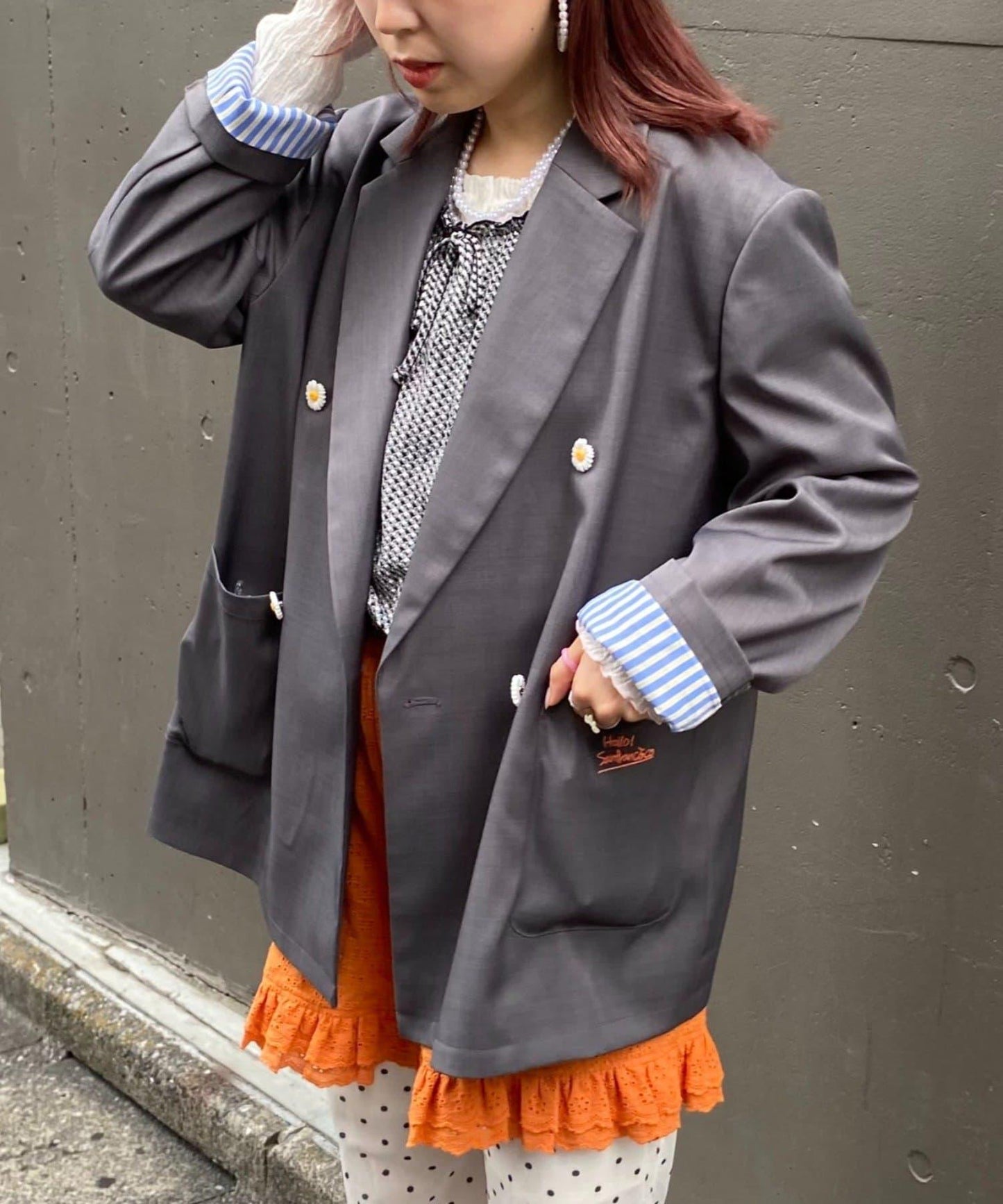 H.S名稱刺繡雛菊紐扣寬鬆夾克