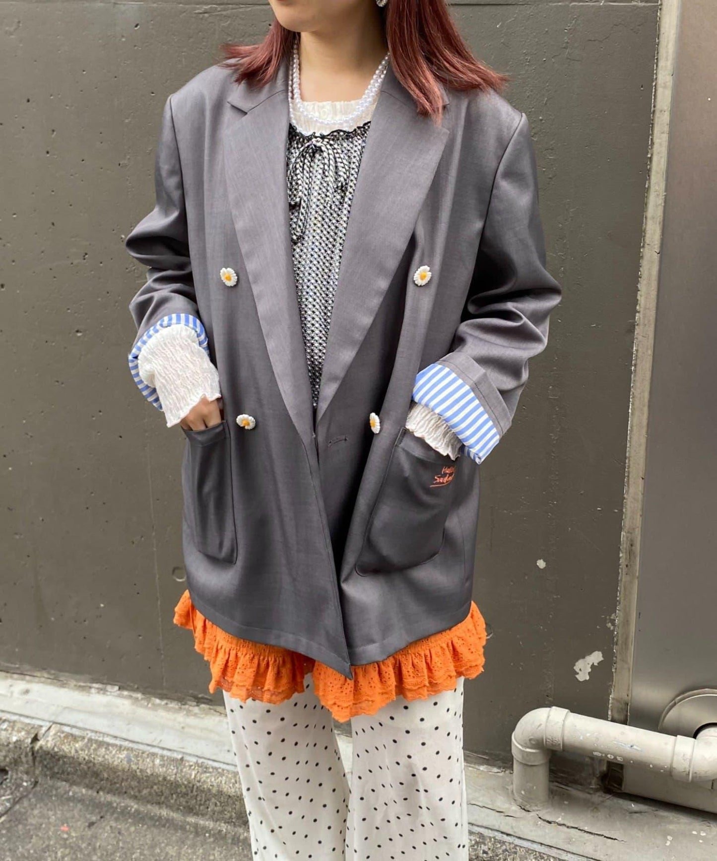 H.S名稱刺繡雛菊紐扣寬鬆夾克