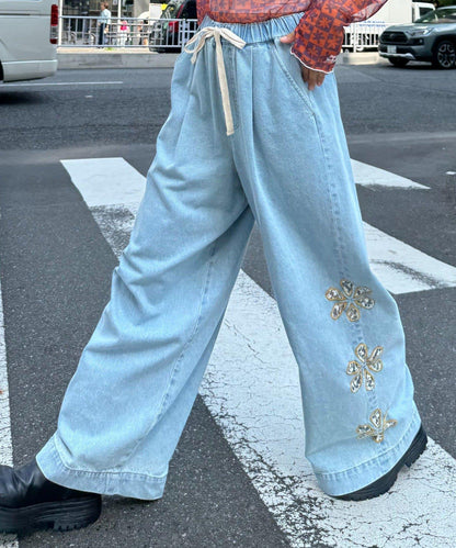 H.S蕾絲花邊寬鬆牛仔褲