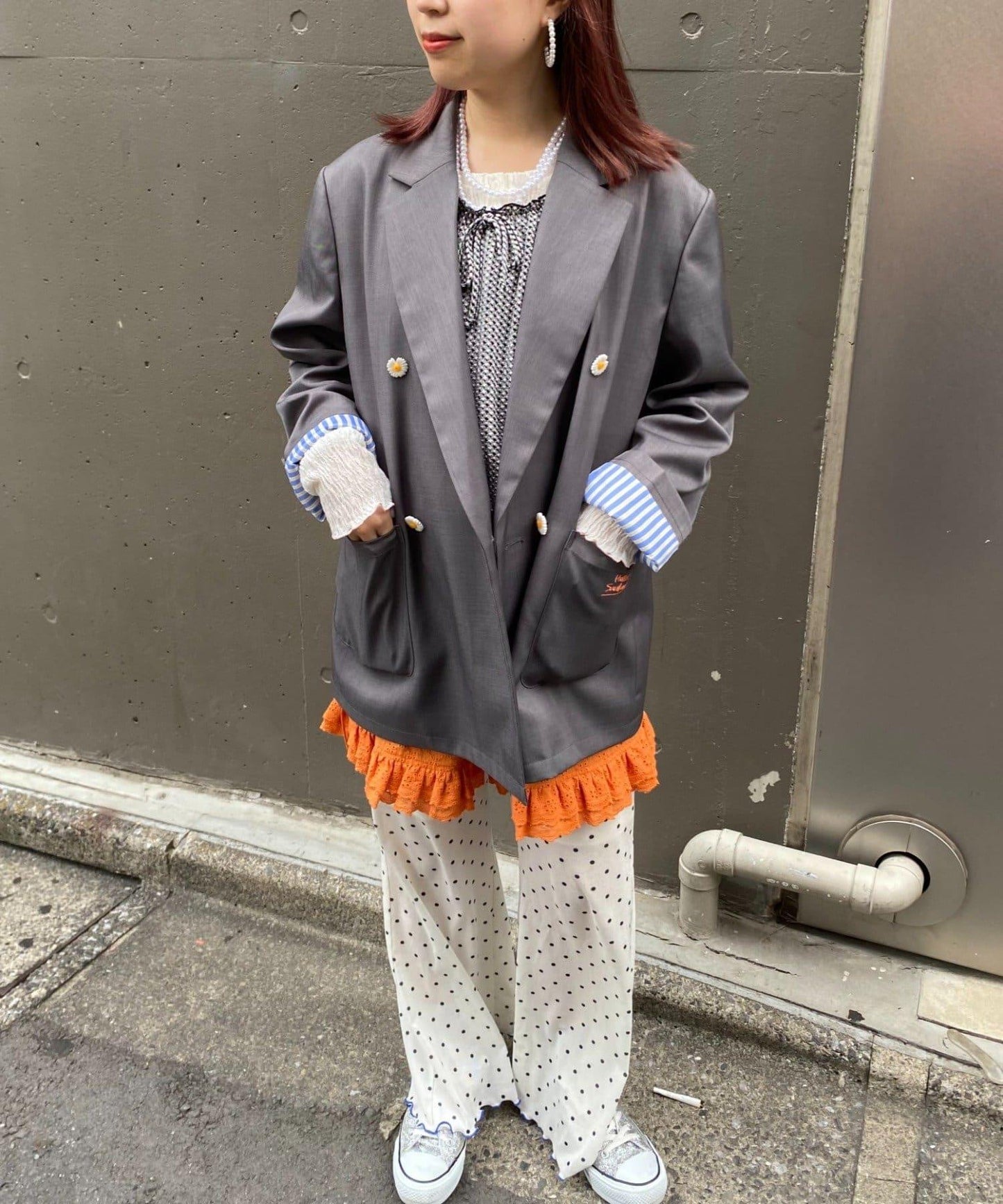 H.S名稱刺繡雛菊紐扣寬鬆夾克