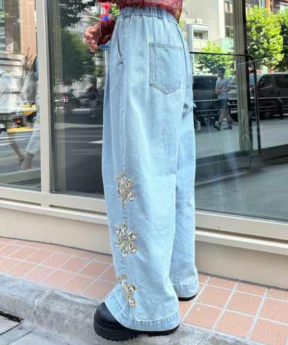 H.S蕾絲花邊寬鬆牛仔褲