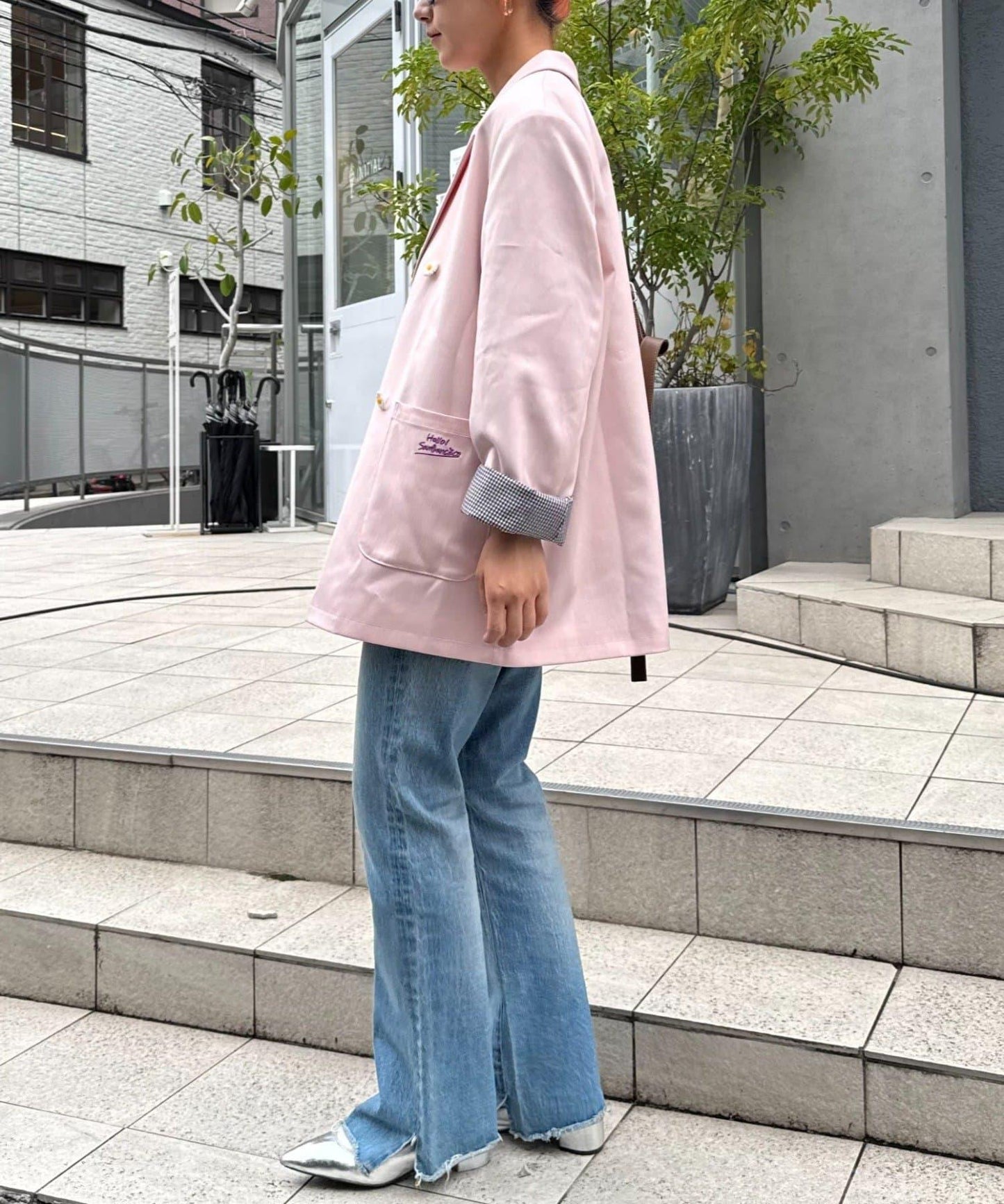 H.S名稱刺繡雛菊紐扣寬鬆夾克