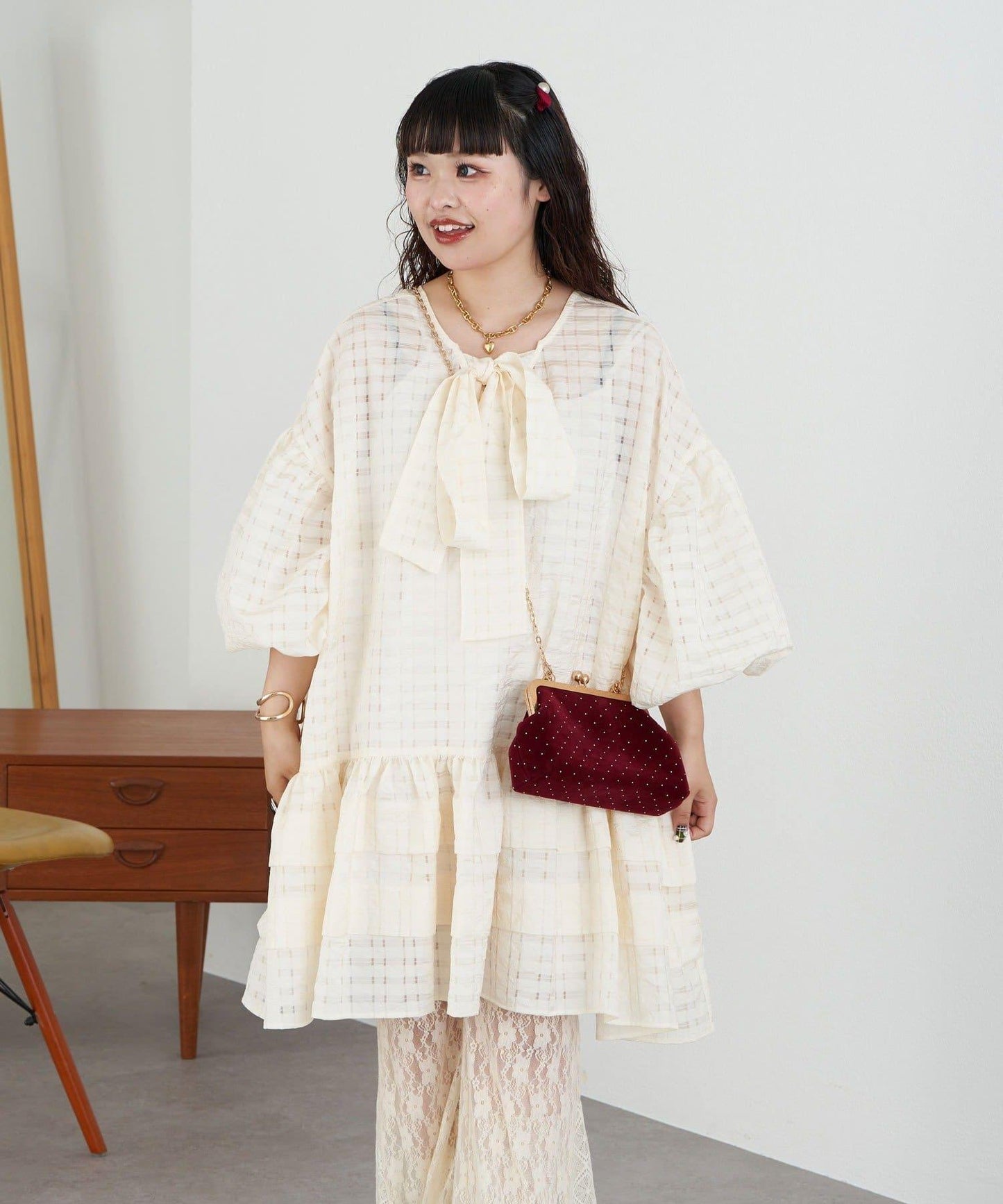 【Ciaopanic】【Lumé】透視格紋寬鬆大廓形迷你連衣裙