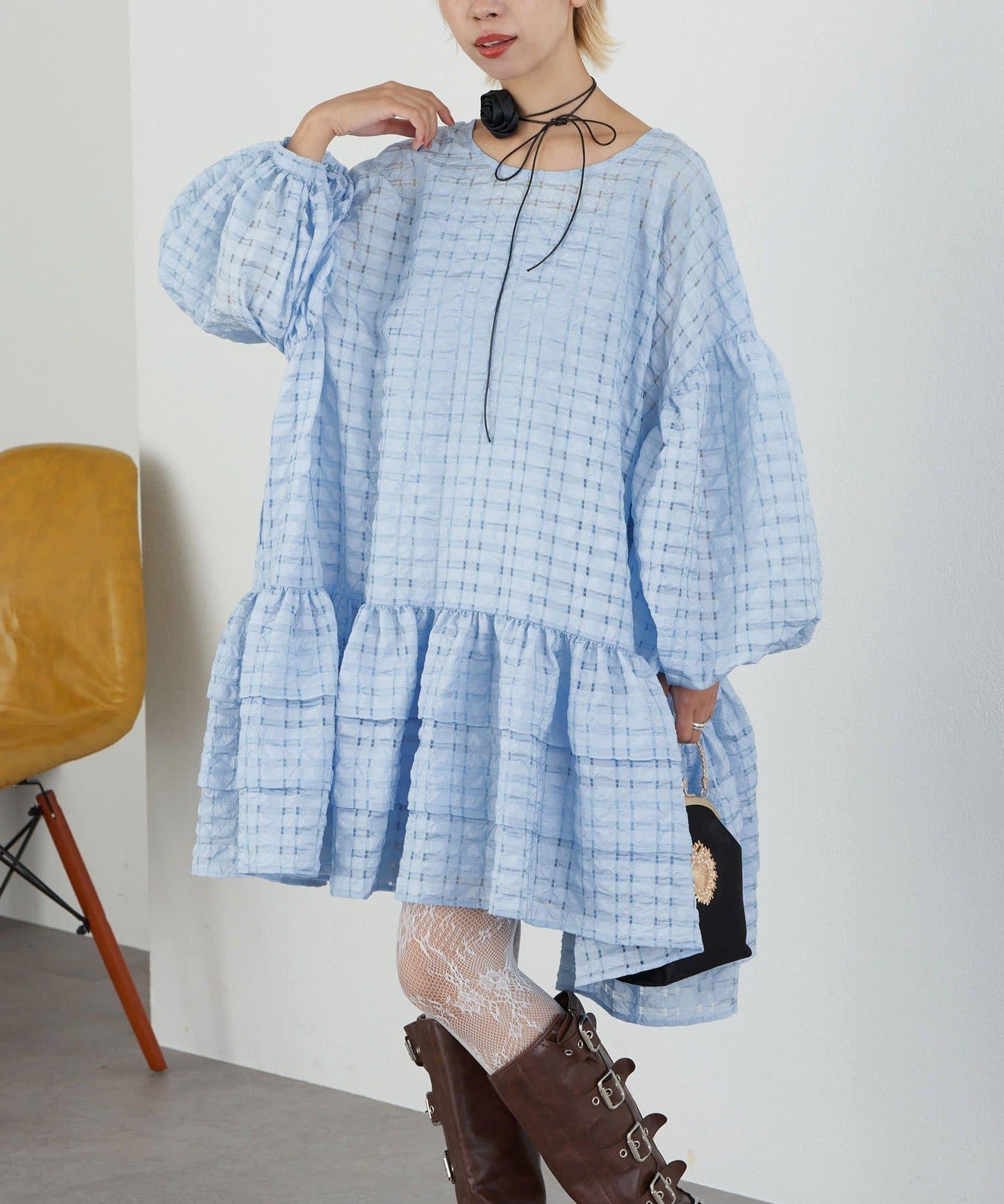 【Ciaopanic】【Lumé】透視格紋寬鬆大廓形迷你連衣裙