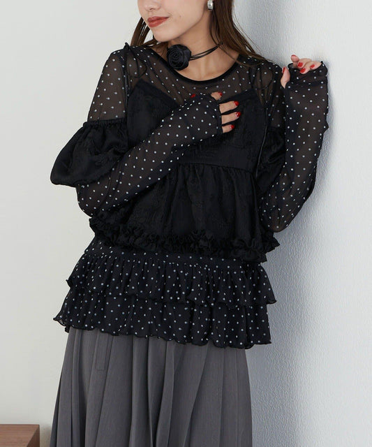 【Lumé/ルメ】下襬荷葉邊圓點雪紡上衣