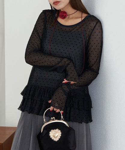【Lumé/ルメ】下襬荷葉邊圓點雪紡上衣