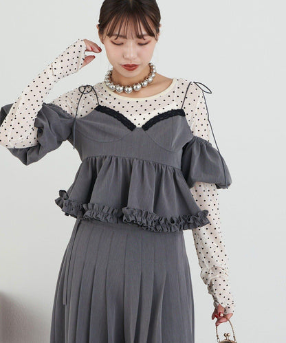 【Lumé/ルメ】下襬荷葉邊圓點雪紡上衣