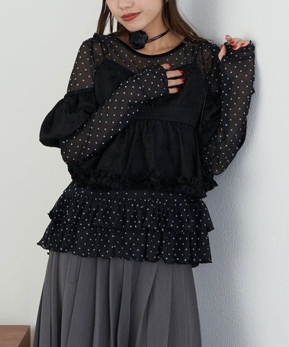 【Lumé/ルメ】下襬荷葉邊圓點雪紡上衣