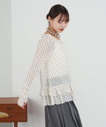 【Lumé/ルメ】下襬荷葉邊圓點雪紡上衣