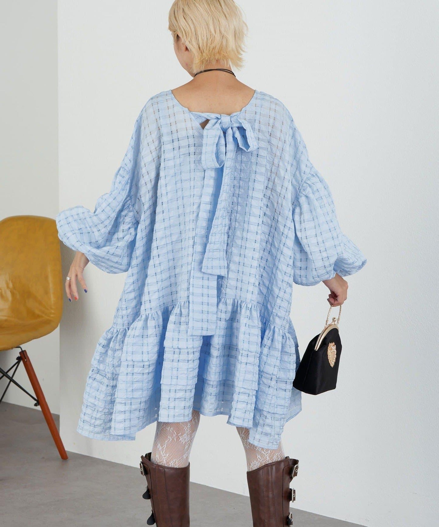 【Ciaopanic】【Lumé】透視格紋寬鬆大廓形迷你連衣裙