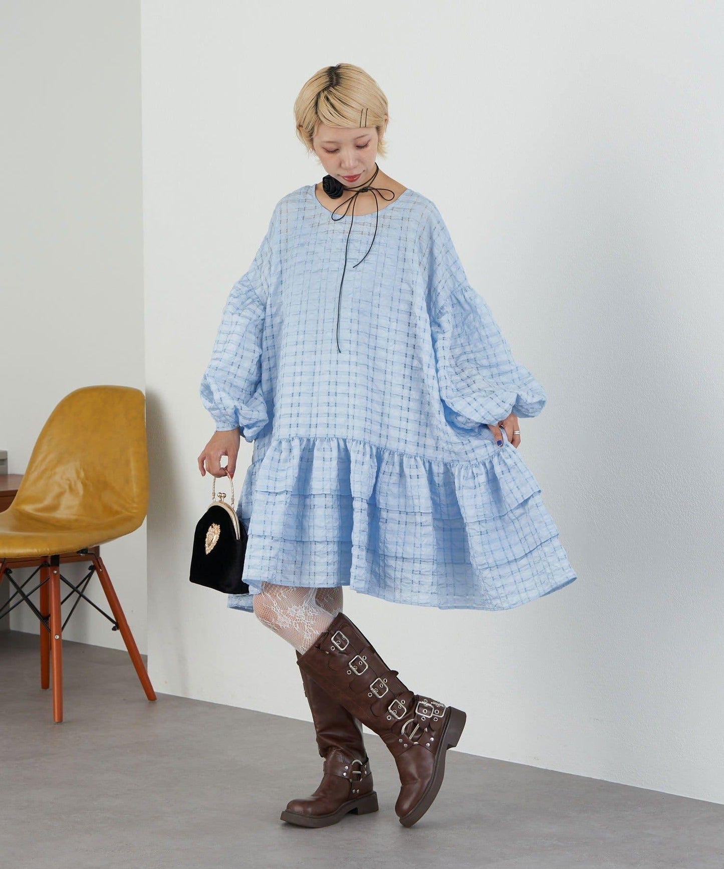 【Ciaopanic】【Lumé】透視格紋寬鬆大廓形迷你連衣裙