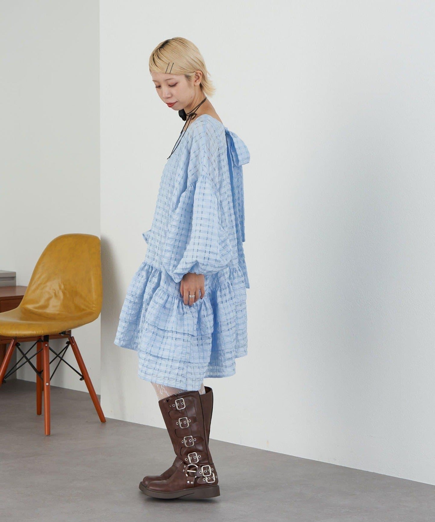 【Ciaopanic】【Lumé】透視格紋寬鬆大廓形迷你連衣裙