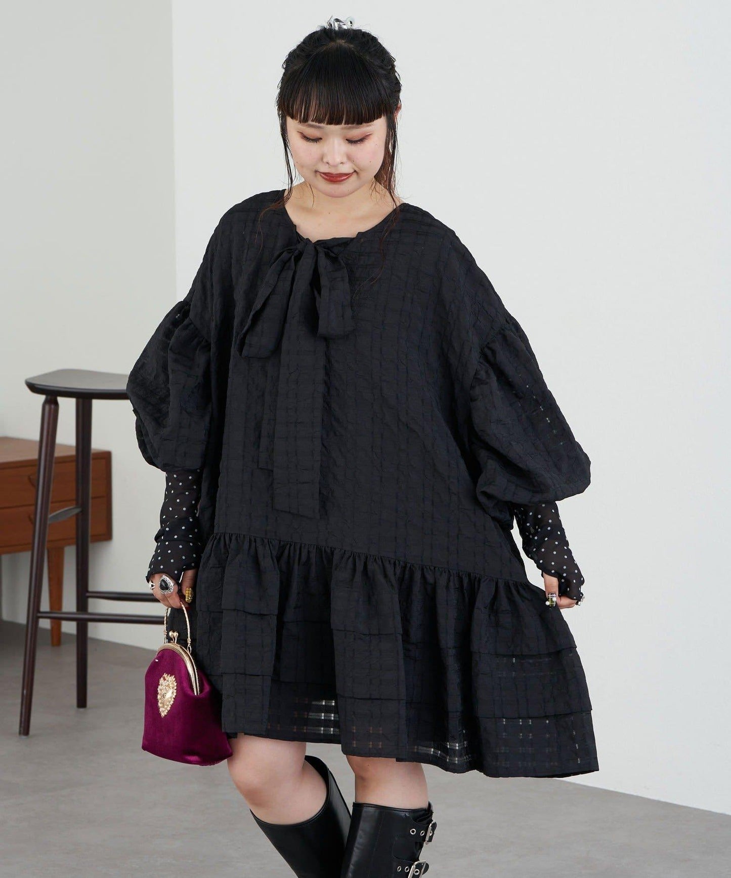 【Ciaopanic】【Lumé】透視格紋寬鬆大廓形迷你連衣裙