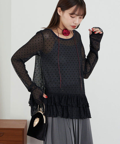 【Lumé/ルメ】下襬荷葉邊圓點雪紡上衣
