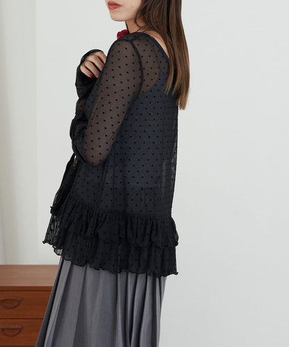 【Lumé/ルメ】下襬荷葉邊圓點雪紡上衣