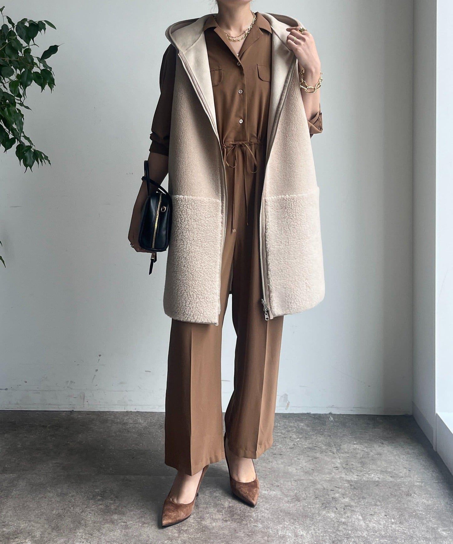 羊毛絨拼接帽T恤衫