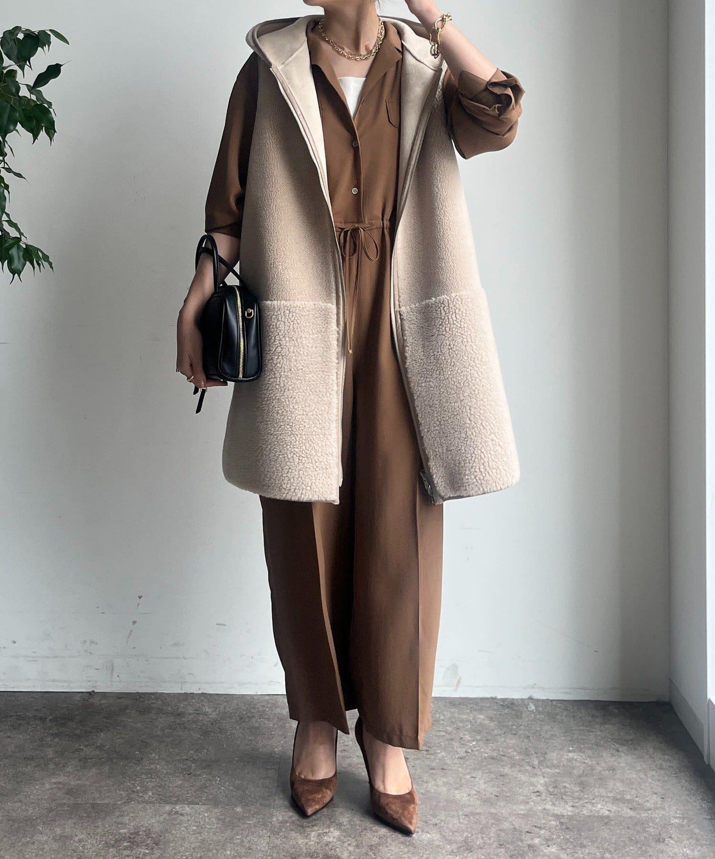 羊毛絨拼接帽T恤衫