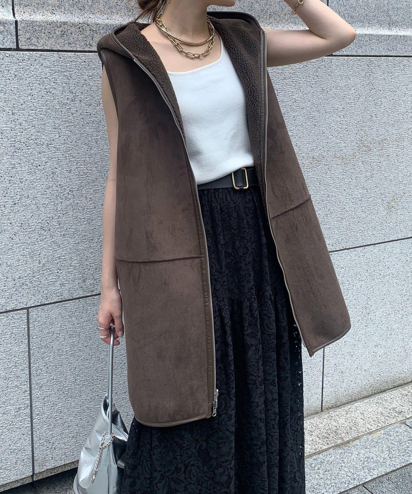 羊毛絨拼接帽T恤衫