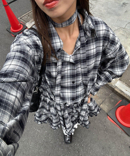 蝴蝶結領下襬層疊格子襯衫連衣裙