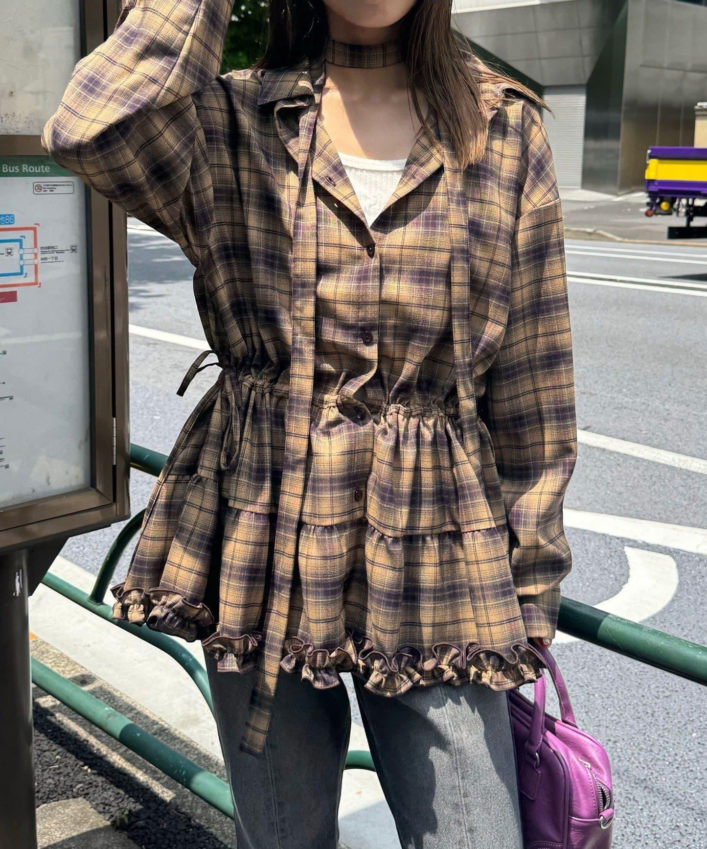 蝴蝶結領下襬層疊格子襯衫連衣裙