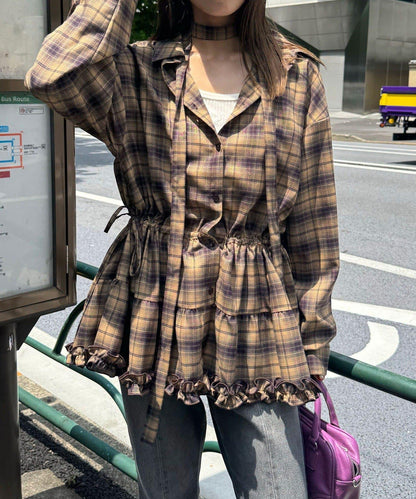 蝴蝶結領下襬層疊格子襯衫連衣裙