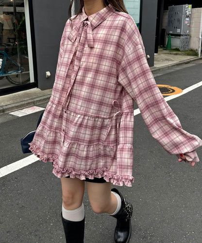蝴蝶結領下襬層疊格子襯衫連衣裙