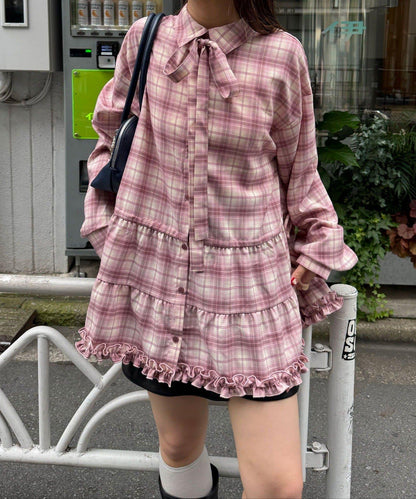 蝴蝶結領下襬層疊格子襯衫連衣裙