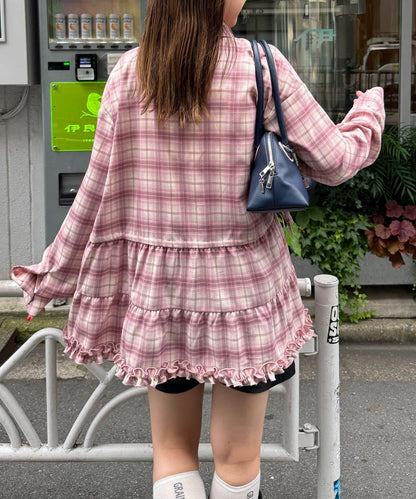 蝴蝶結領下襬層疊格子襯衫連衣裙