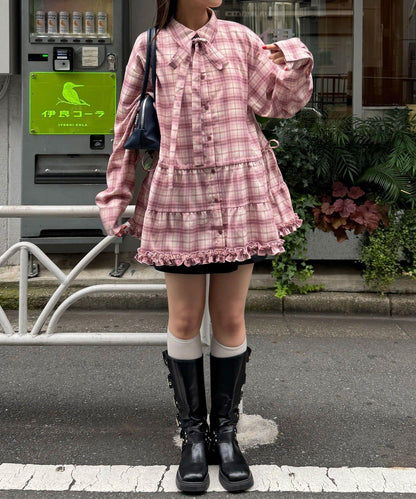蝴蝶結領下襬層疊格子襯衫連衣裙
