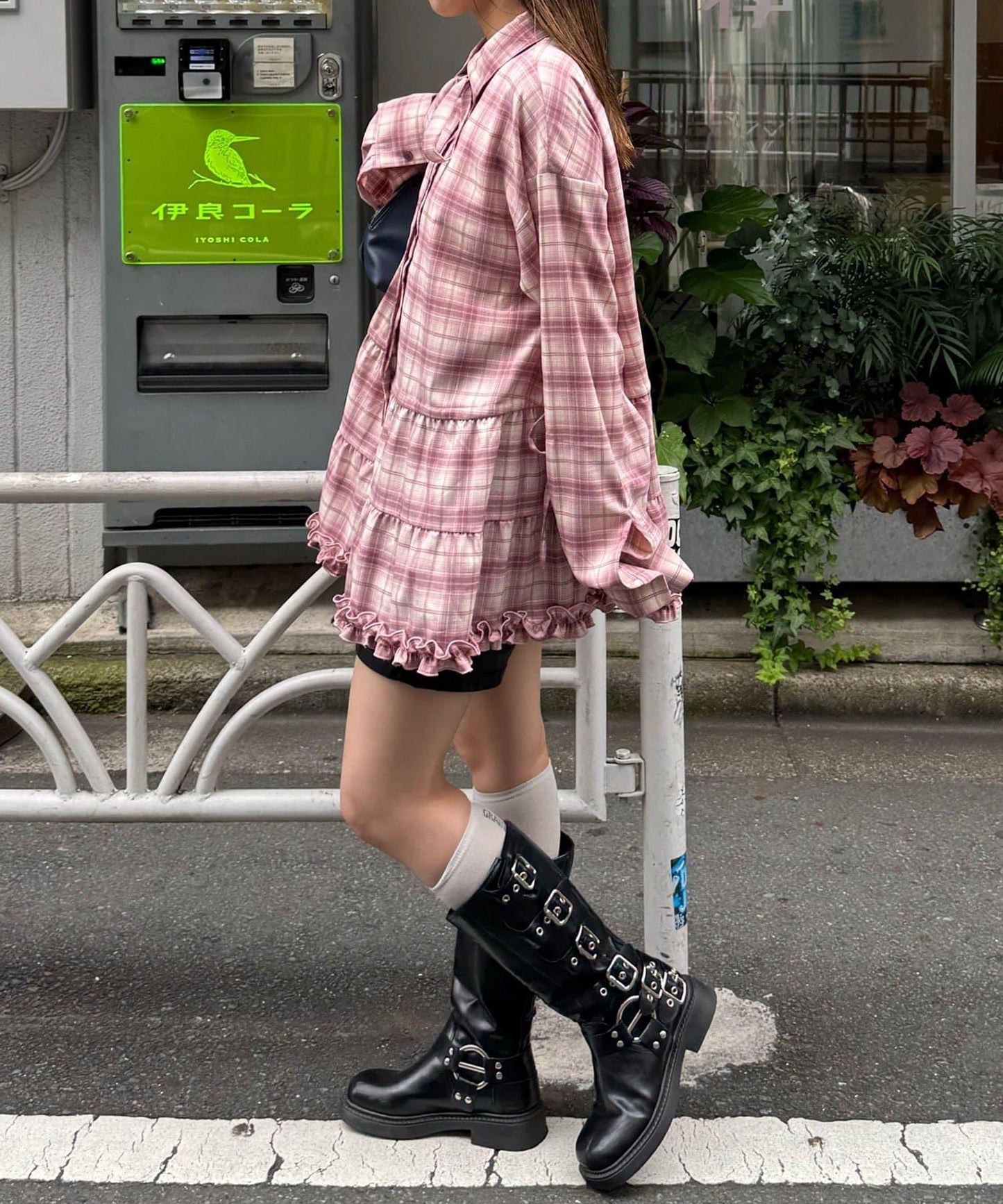 蝴蝶結領下襬層疊格子襯衫連衣裙