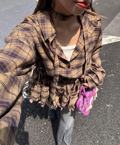 蝴蝶結領下襬層疊格子襯衫連衣裙