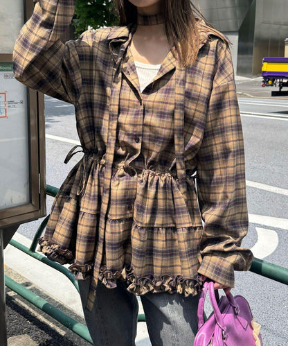 蝴蝶結領下襬層疊格子襯衫連衣裙