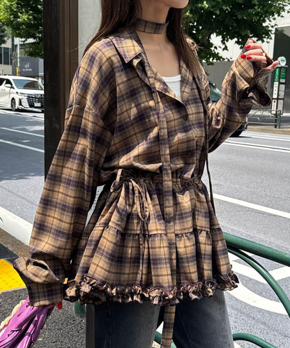 蝴蝶結領下襬層疊格子襯衫連衣裙