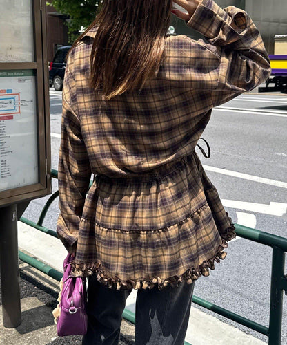 蝴蝶結領下襬層疊格子襯衫連衣裙