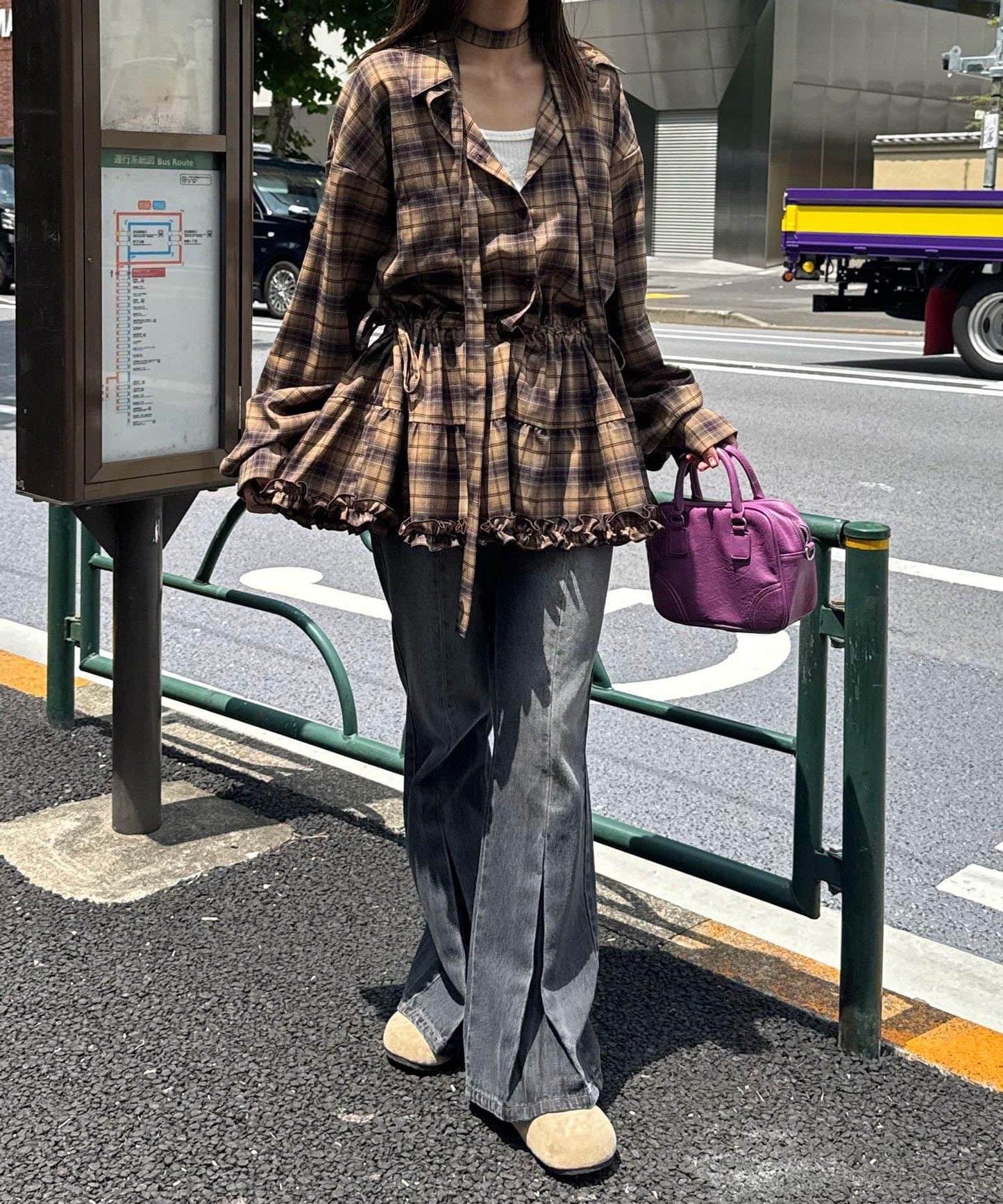 蝴蝶結領下襬層疊格子襯衫連衣裙