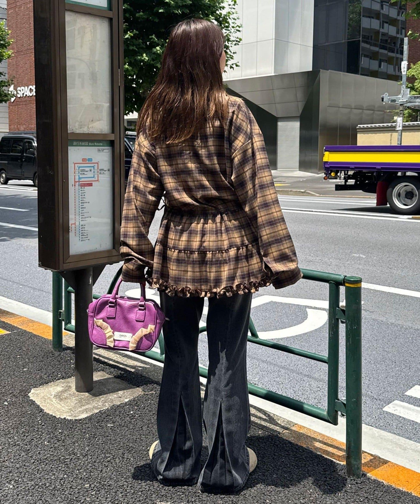 蝴蝶結領下襬層疊格子襯衫連衣裙