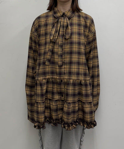 蝴蝶結領下襬層疊格子襯衫連衣裙