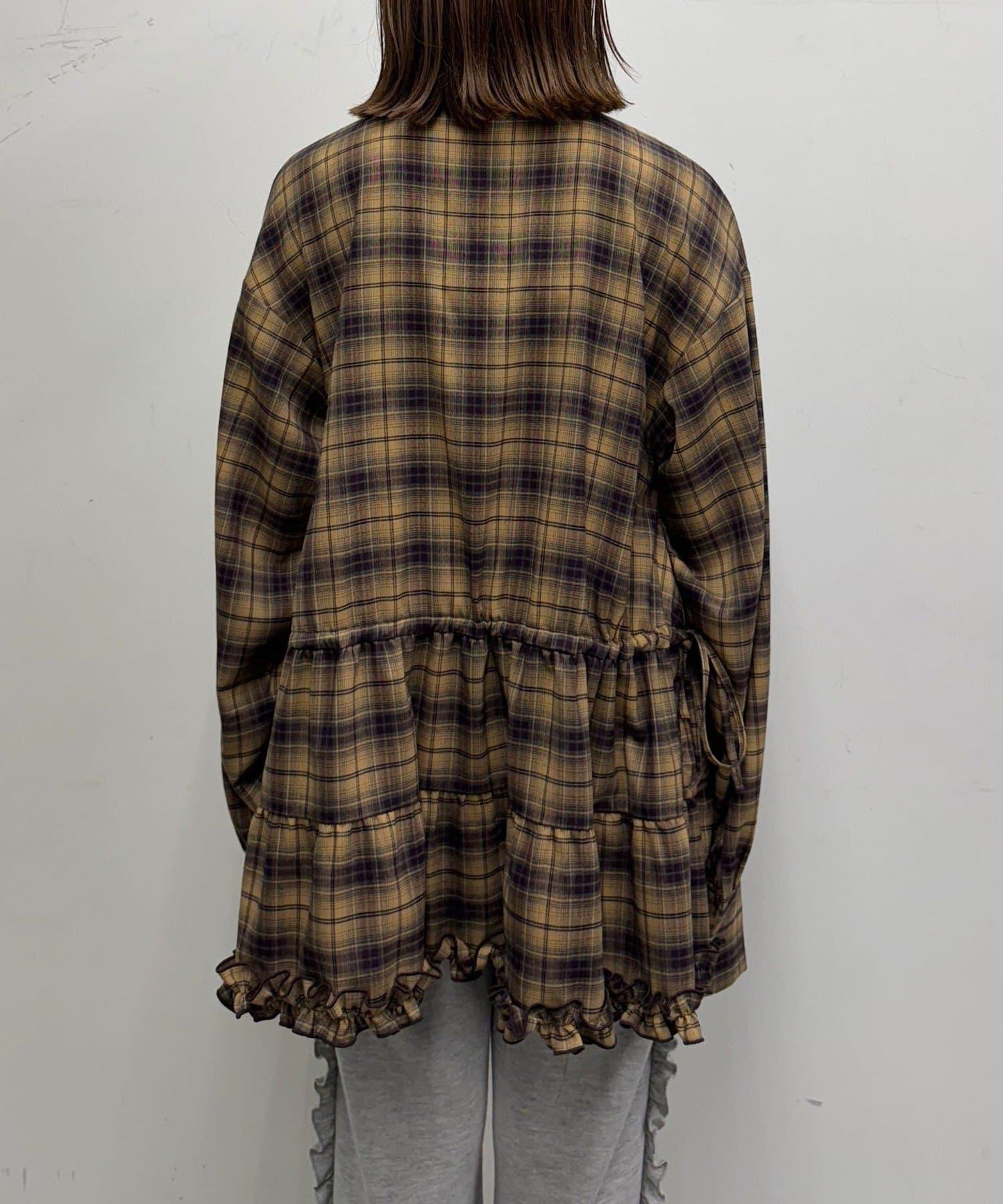 蝴蝶結領下襬層疊格子襯衫連衣裙