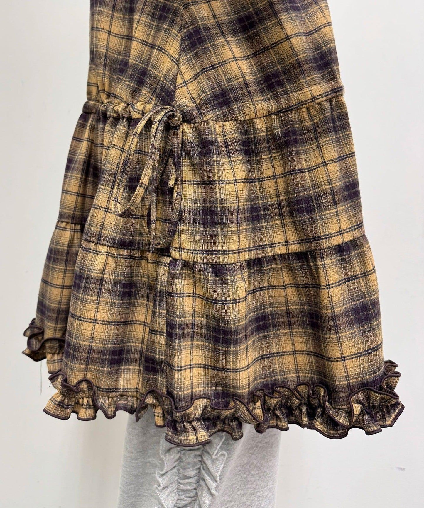 蝴蝶結領下襬層疊格子襯衫連衣裙