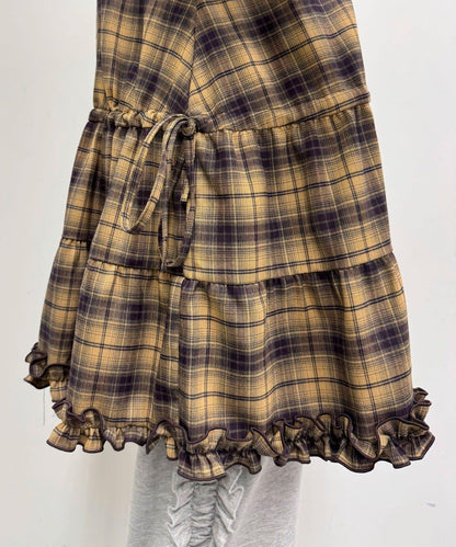 蝴蝶結領下襬層疊格子襯衫連衣裙