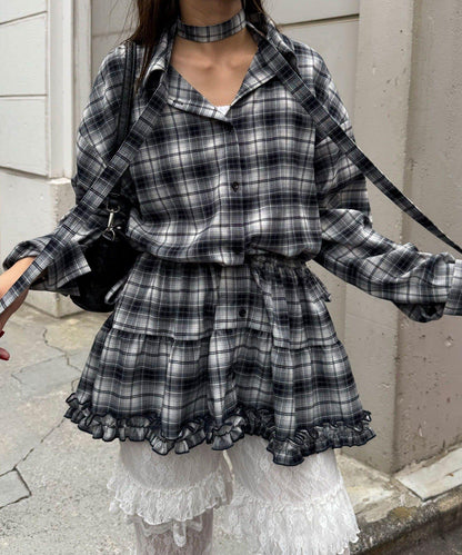 蝴蝶結領下襬層疊格子襯衫連衣裙