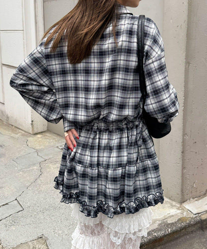 蝴蝶結領下襬層疊格子襯衫連衣裙